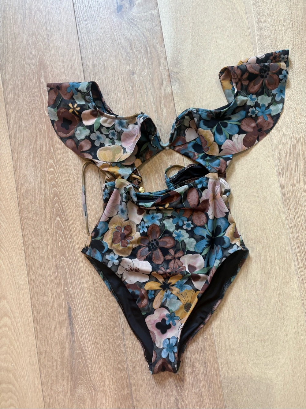 Cleobella Blue and Green Floral Swimwear Top with Gold Logo